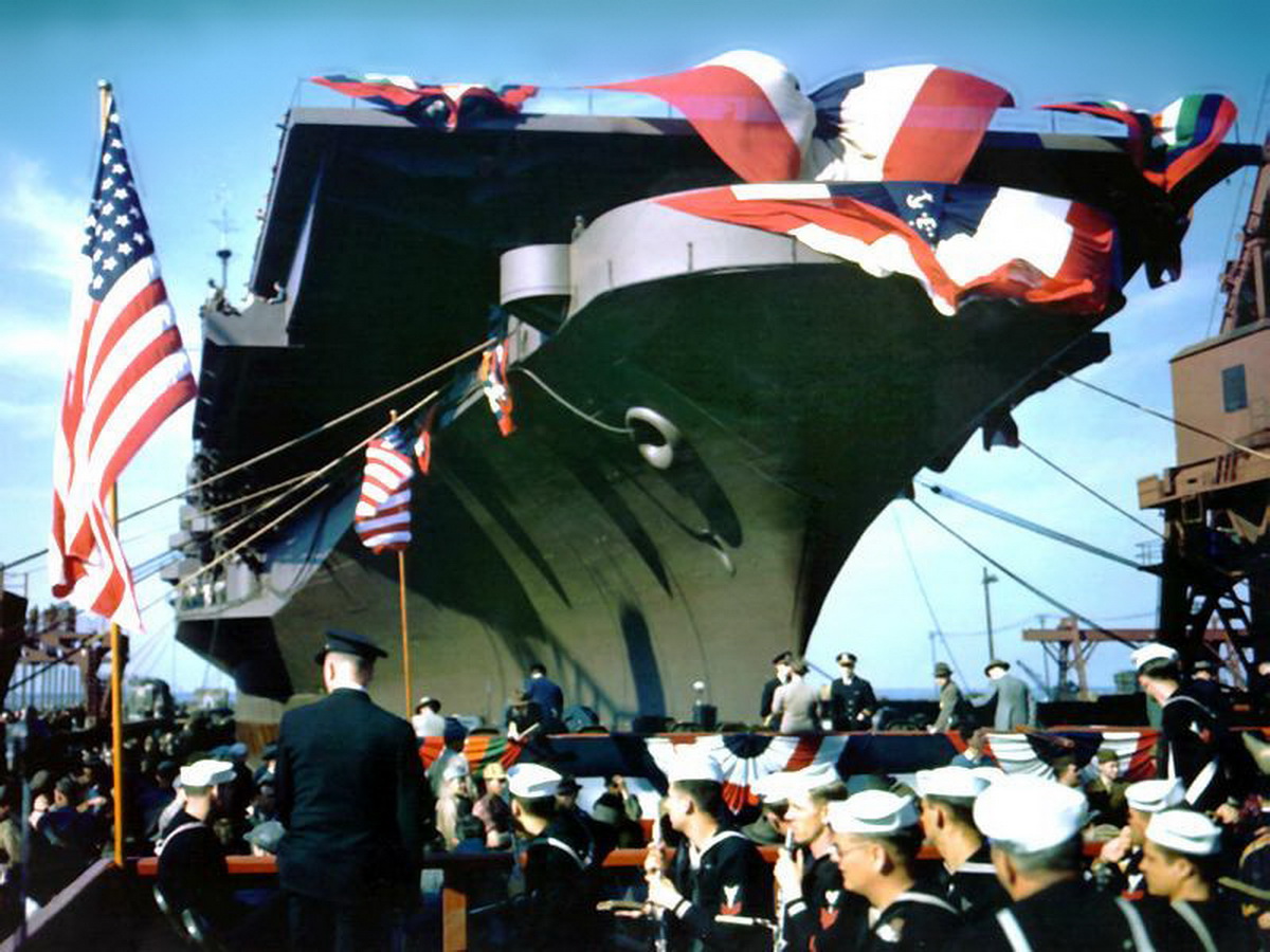 USS Midway (CVB-41) prepared for christening, 20 March 1945.jpg
