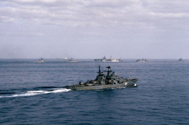 A starboard quarter view of a Soviet Sovremenny class guided missile destroyer observing Carrier Battle Group Eight, background, off the coast of Lebanon..jpg