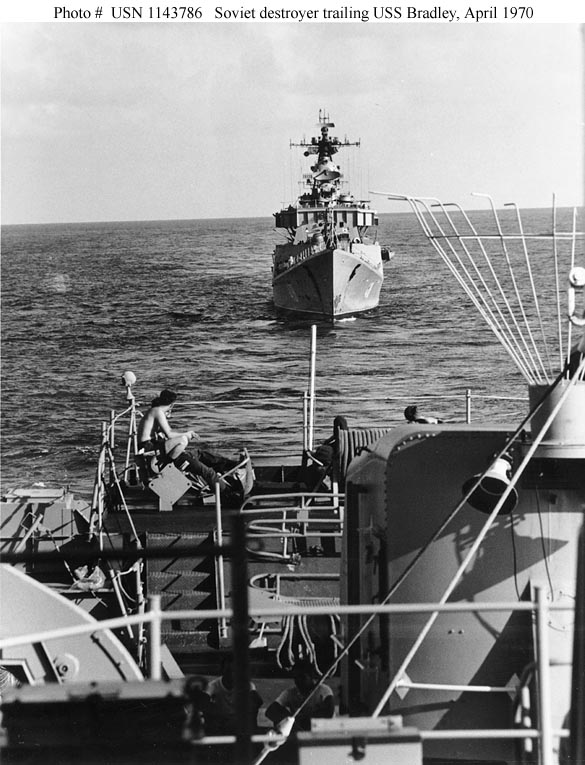 Being trailed by a Soviet Project 56 (NATO Kotlin) class destroyer in the Philippine Sea while observing the Soviet worldwide naval exercise Okean in April 1970..jpg