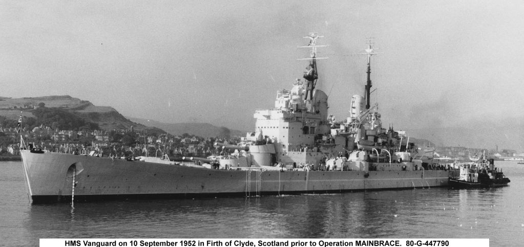 HMS Vanguard on 10 Sep 1952 in Firth of Clyde, Scotland, prior to Operation Mainbrace.jpg