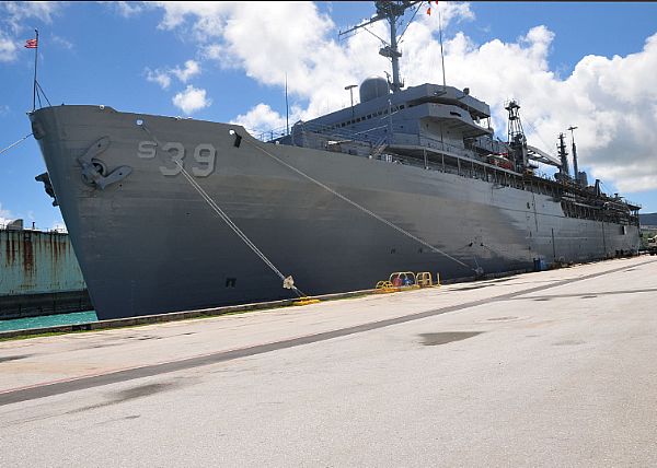SANTA RITA, Guam (July 14, 2010) The submarine tender USS Emory S. Land (AS 39) moors at Naval Base Guam..jpg