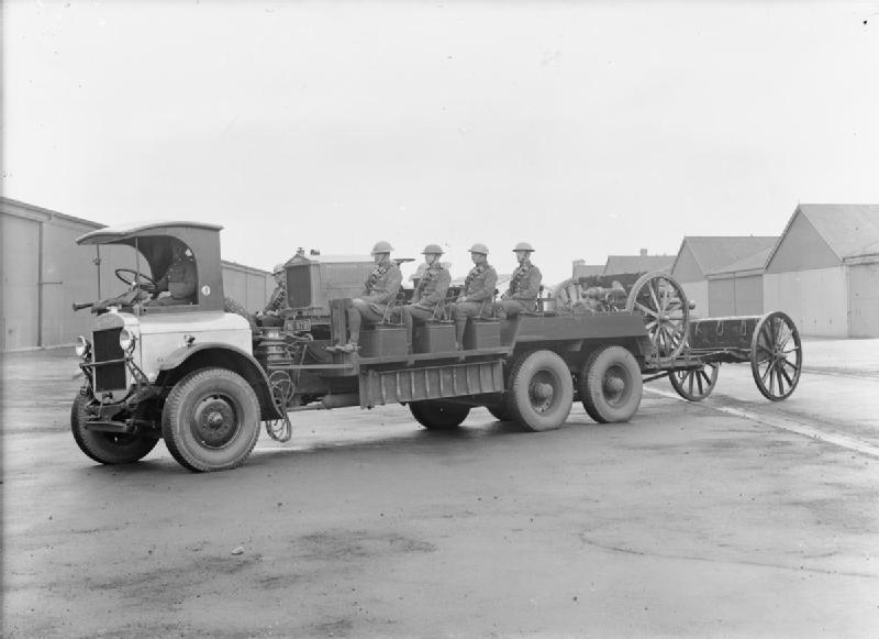 Thornycroft XB FC, 3-5 ton, 6x4, Artillery Portee Lorry carrying gun crew, 18 pounder field gun, limber and Cletrac Tractor.jpg
