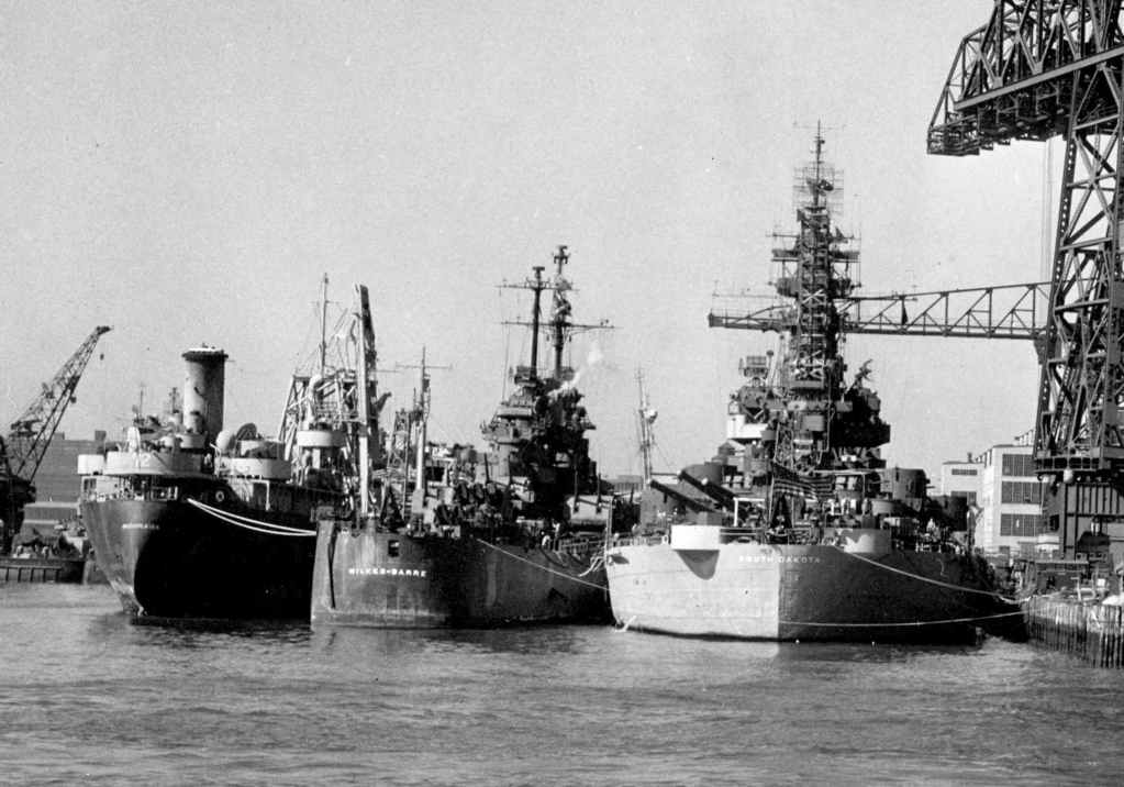 USS South Dakota (BB-57) USS Wilkes-Barre (CL-103) and USS Niobrara (AO-72) - Philadelphia Navy Yard - 1945.jpg