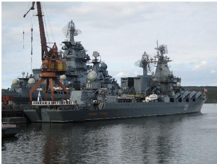 Slava class cruiser MARSHAL USTINOV, with PYOTR VELIKY nuclear cruiser at the back.jpg