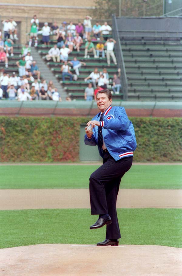 President Reagan throwing out the first pitch at a baseball game between Chicago Cubs and Pittsburgh Pirates, Wrigley Field, Chicago, Illinois. September 30, 1988.jpg